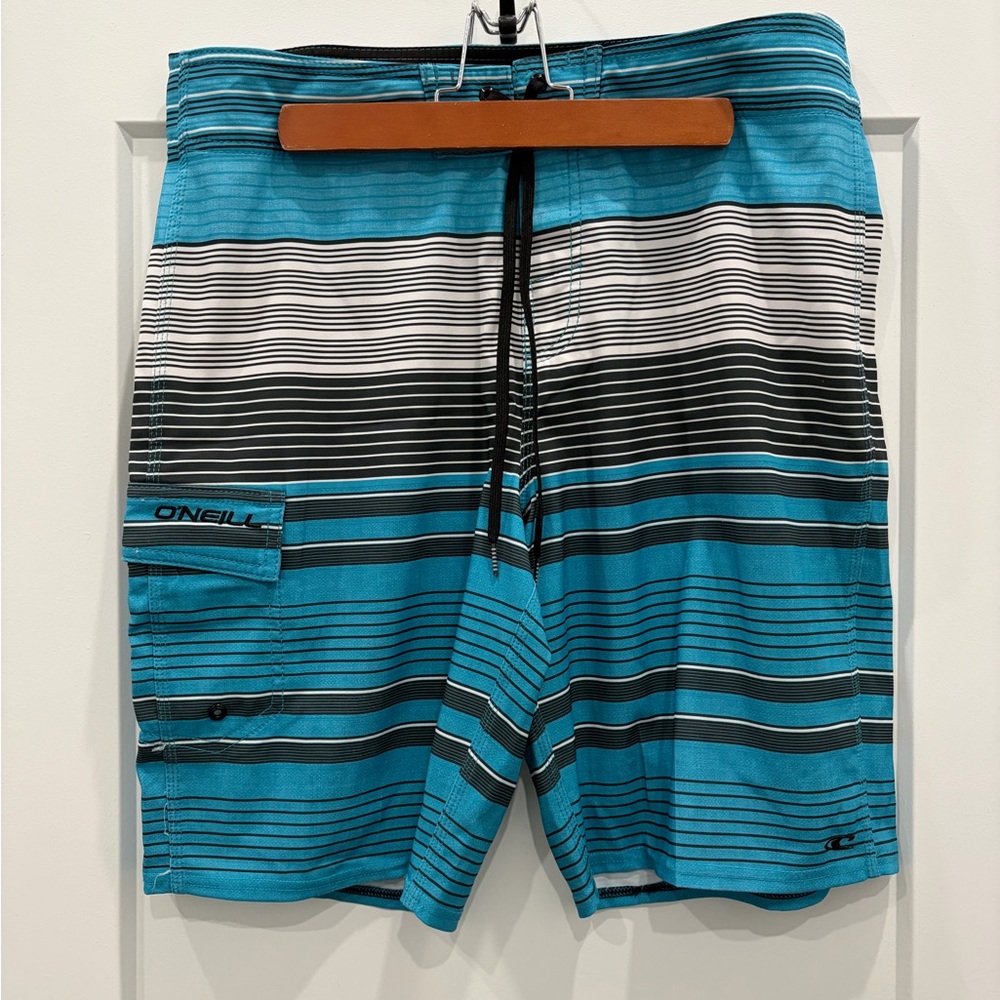 O'Neill Men's Aqua and Black Striped Board Shorts
